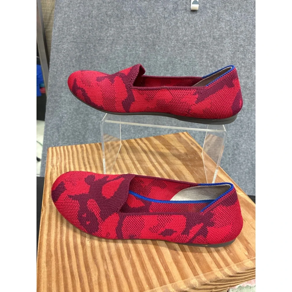 Rothys Kids Loafers Red Burgundy Camo Knit Slip On Flats Shoes Size K3